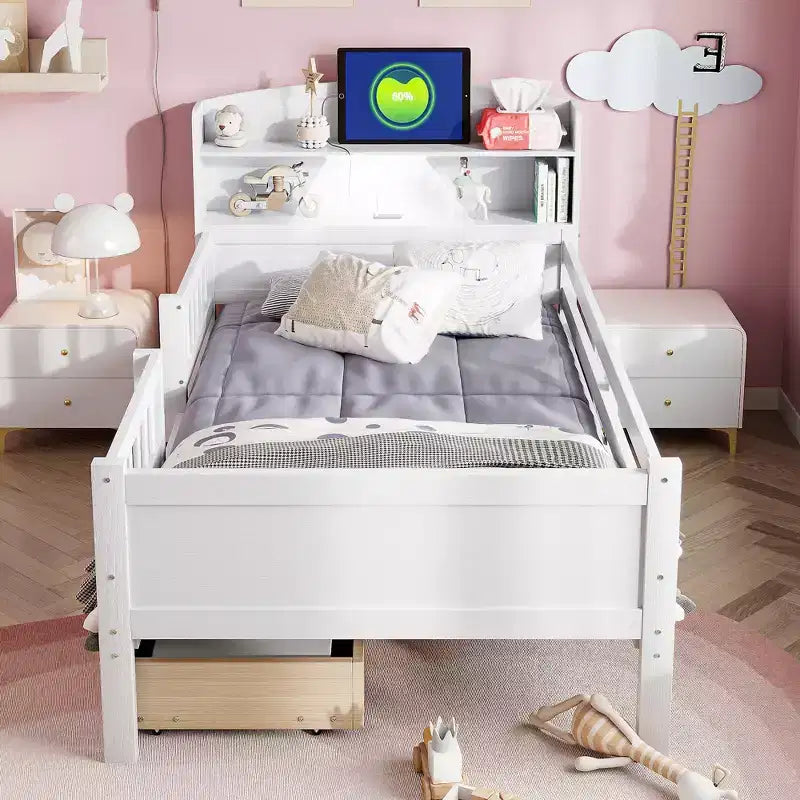 Twin Size Wood Platform Bed with Built-in LED Light, Multi-functional Headboard, Guardrail and Drawers