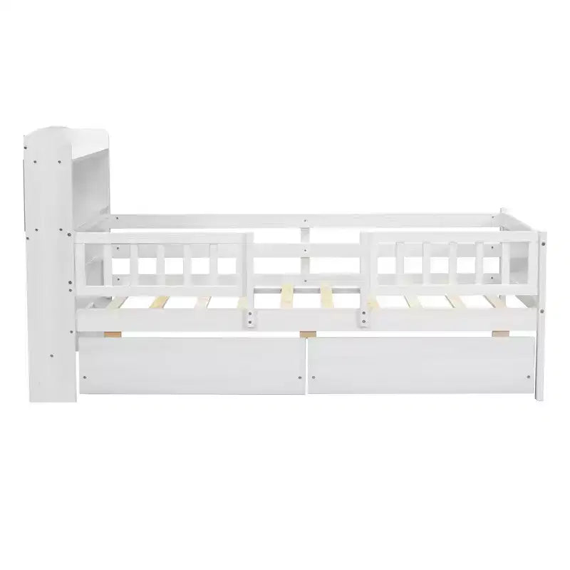 Twin Size Wood Platform Bed with Built-in LED Light, Multi-functional Headboard, Guardrail and Drawers