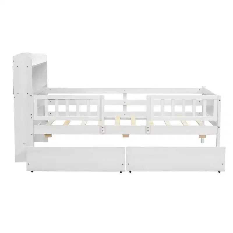 Twin Size Wood Platform Bed with Built-in LED Light, Multi-functional Headboard, Guardrail and Drawers