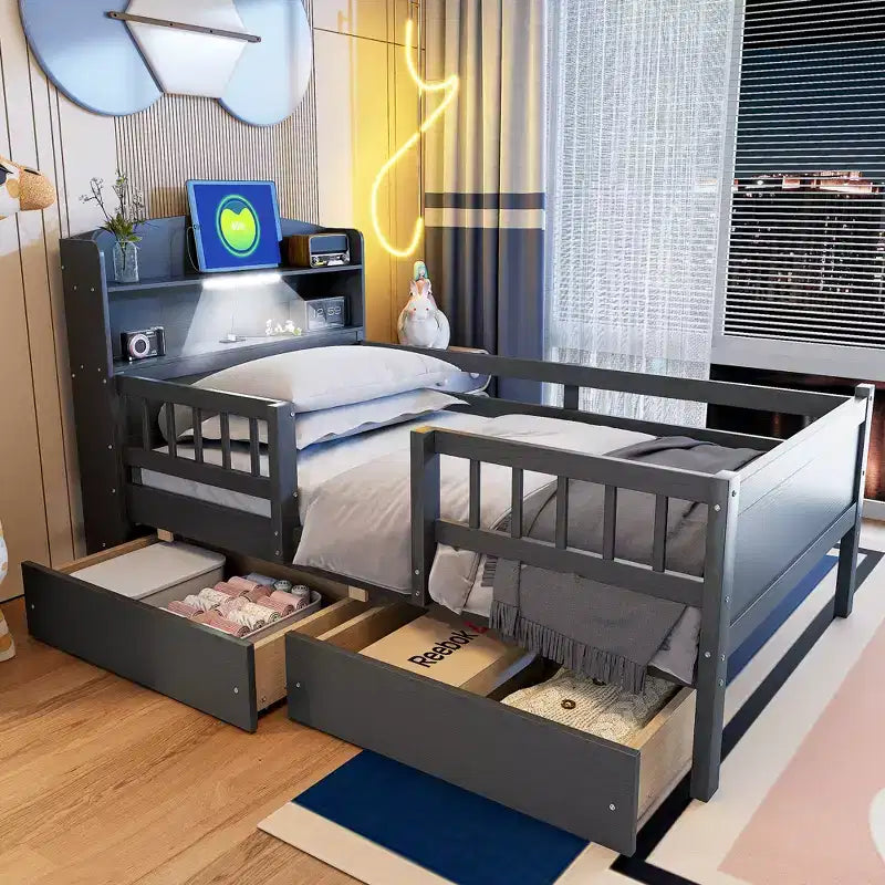 Twin Size Wood Platform Bed with Built-in LED Light, Multi-functional Headboard, Guardrail and Drawers