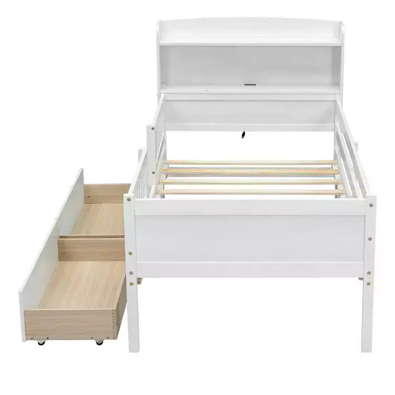 Twin Size Wood Platform Bed with Built-in LED Light, Multi-functional Headboard, Guardrail and Drawers