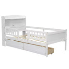 Twin Size Wood Platform Bed with Built-in LED Light, Multi-functional Headboard, Guardrail and Drawers