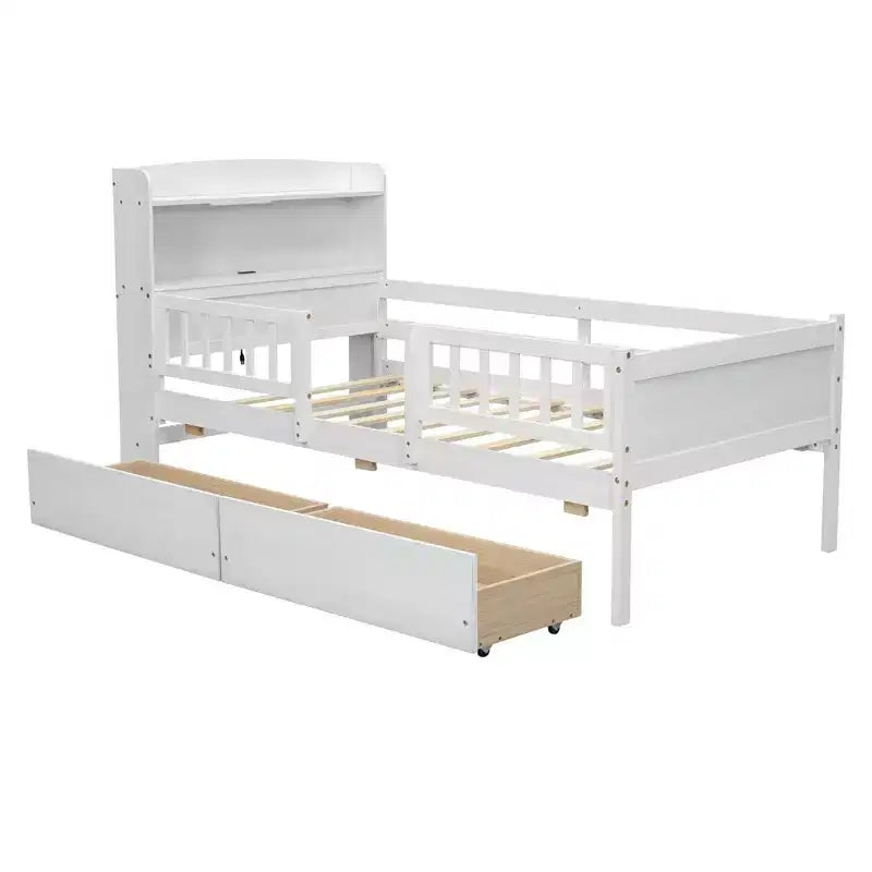 Twin Size Wood Platform Bed with Built-in LED Light, Multi-functional Headboard, Guardrail and Drawers