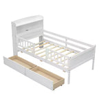 Twin Size Wood Platform Bed with Built-in LED Light, Multi-functional Headboard, Guardrail and Drawers