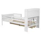 Twin Size Wood Platform Bed with Built-in LED Light, Multi-functional Headboard, Guardrail and Drawers