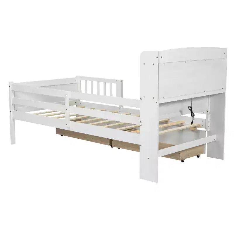 Twin Size Wood Platform Bed with Built-in LED Light, Multi-functional Headboard, Guardrail and Drawers