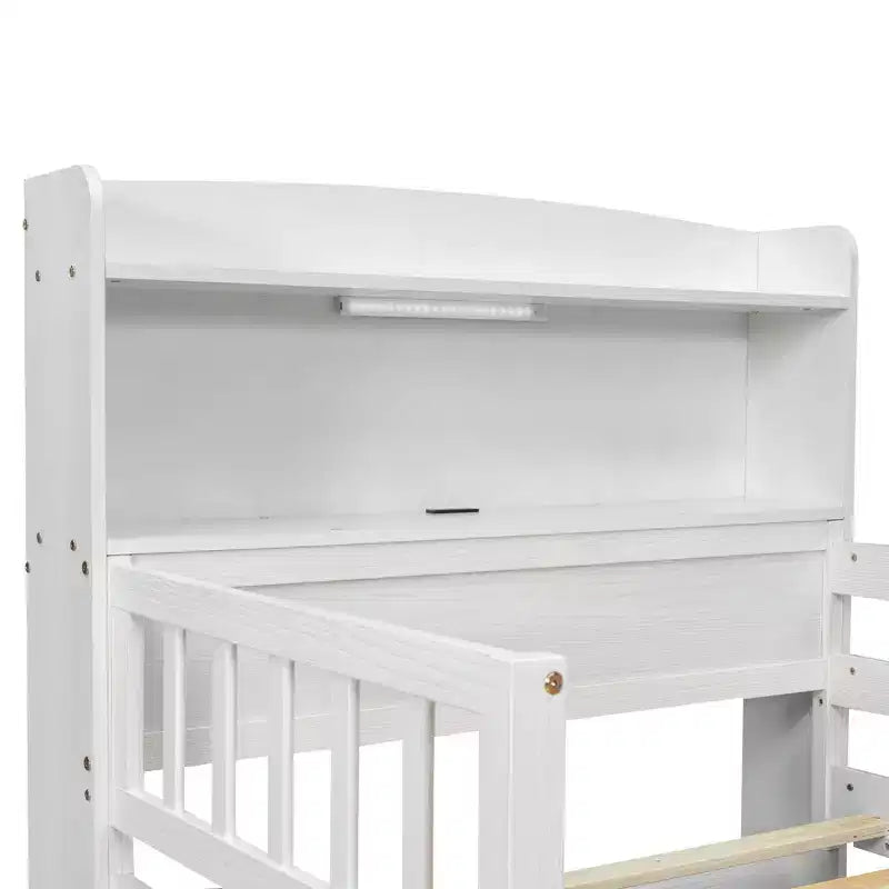 Twin Size Wood Platform Bed with Built-in LED Light, Multi-functional Headboard, Guardrail and Drawers