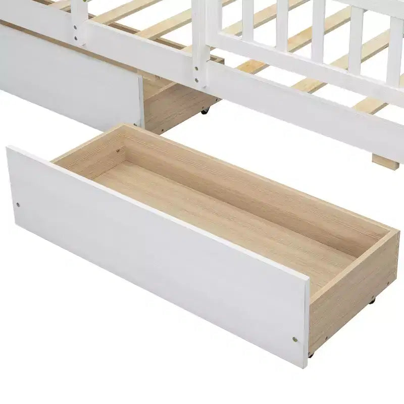 Twin Size Wood Platform Bed with Built-in LED Light, Multi-functional Headboard, Guardrail and Drawers