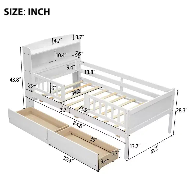 Twin Size Wood Platform Bed with Built-in LED Light, Multi-functional Headboard, Guardrail and Drawers