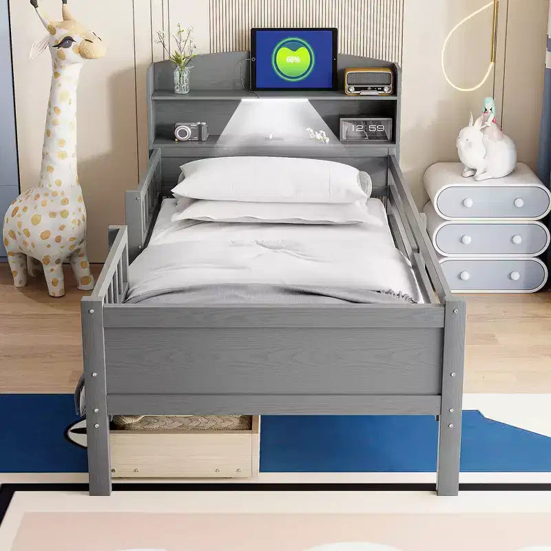 Twin Size Wood Platform Bed with Built-in LED Light, Multi-functional Headboard, Guardrail and Drawers
