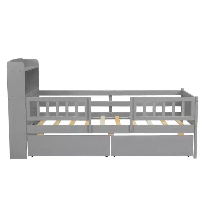 Twin Size Wood Platform Bed with Built-in LED Light, Multi-functional Headboard, Guardrail and Drawers