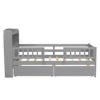 Twin Size Wood Platform Bed with Built-in LED Light, Multi-functional Headboard, Guardrail and Drawers