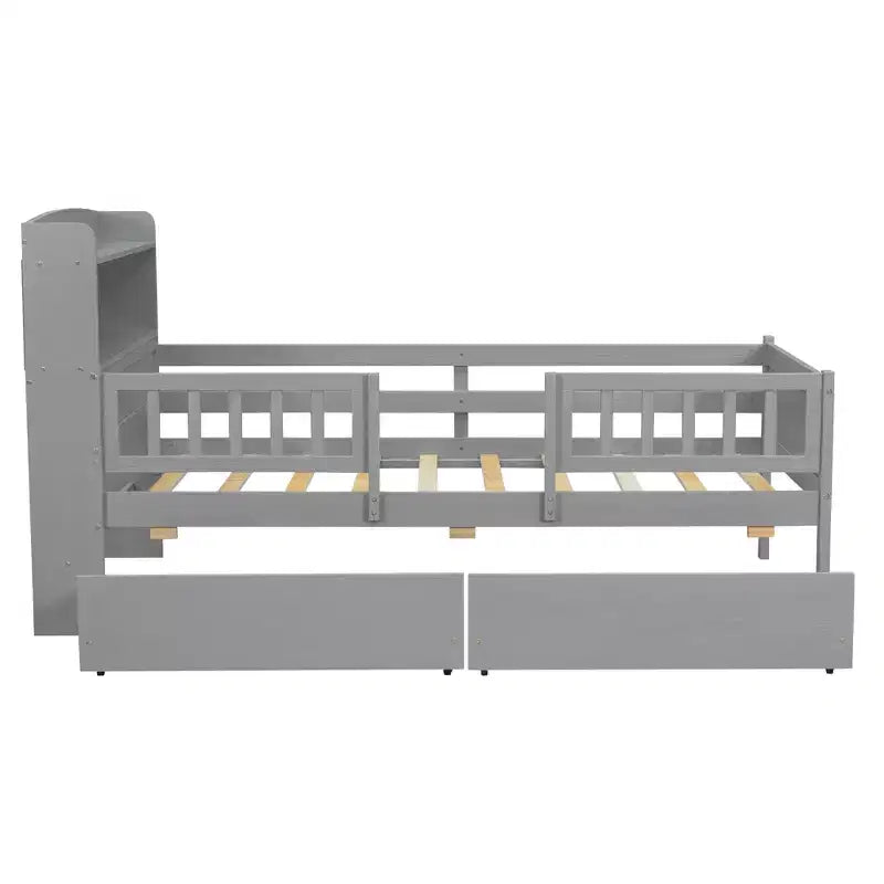 Twin Size Wood Platform Bed with Built-in LED Light, Multi-functional Headboard, Guardrail and Drawers