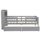 Twin Size Wood Platform Bed with Built-in LED Light, Multi-functional Headboard, Guardrail and Drawers