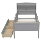 Twin Size Wood Platform Bed with Built-in LED Light, Multi-functional Headboard, Guardrail and Drawers