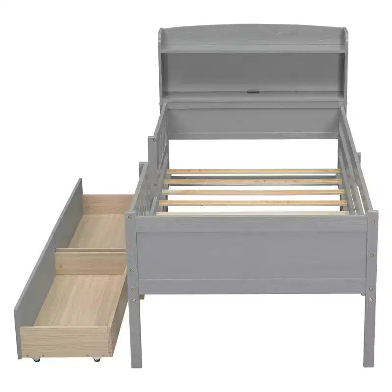 Twin Size Wood Platform Bed with Built-in LED Light, Multi-functional Headboard, Guardrail and Drawers