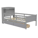 Twin Size Wood Platform Bed with Built-in LED Light, Multi-functional Headboard, Guardrail and Drawers