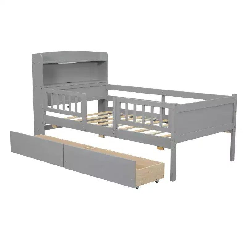 Twin Size Wood Platform Bed with Built-in LED Light, Multi-functional Headboard, Guardrail and Drawers