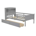 Twin Size Wood Platform Bed with Built-in LED Light, Multi-functional Headboard, Guardrail and Drawers
