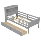 Twin Size Wood Platform Bed with Built-in LED Light, Multi-functional Headboard, Guardrail and Drawers