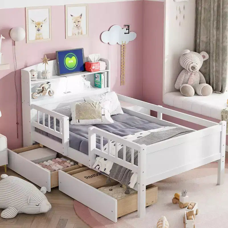 Twin Size Wood Platform Bed with Built-in LED Light, Multi-functional Headboard, Guardrail and Drawers