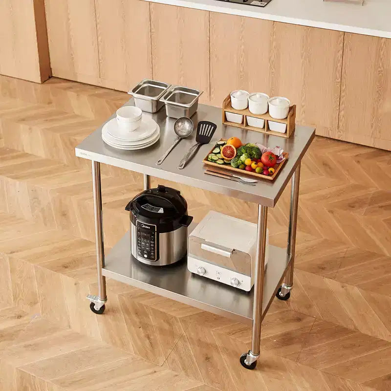 Stainless Steel Work Table 30 x 36 x 38 Inch, with 4 Wheels, 3 Adjustable Height Levels, Heavy Duty Food Prep Worktable for Commercial Kitchen