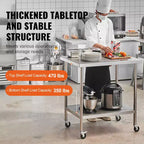 Stainless Steel Work Table 30 x 36 x 38 Inch, with 4 Wheels, 3 Adjustable Height Levels, Heavy Duty Food Prep Worktable for Commercial Kitchen