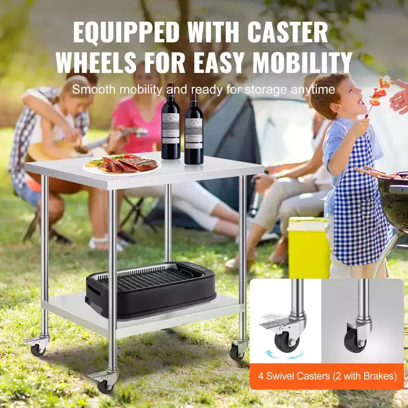 Stainless Steel Work Table 30 x 36 x 38 Inch, with 4 Wheels, 3 Adjustable Height Levels, Heavy Duty Food Prep Worktable for Commercial Kitchen