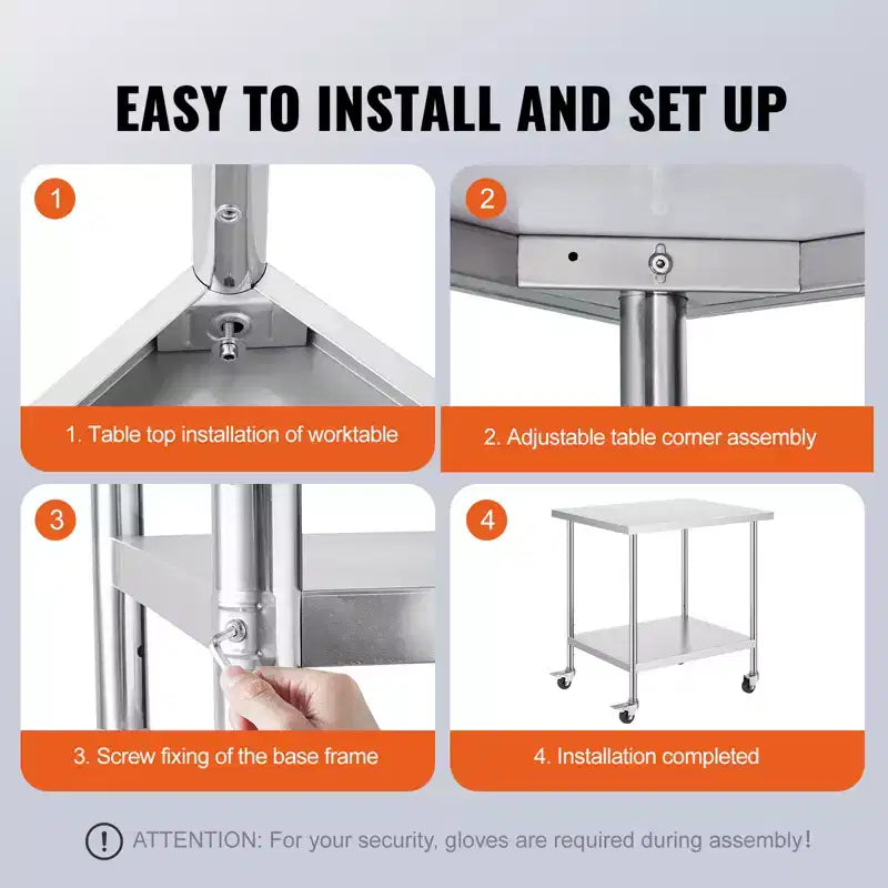 Stainless Steel Work Table 30 x 36 x 38 Inch, with 4 Wheels, 3 Adjustable Height Levels, Heavy Duty Food Prep Worktable for Commercial Kitchen