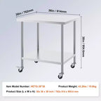 Stainless Steel Work Table 30 x 36 x 38 Inch, with 4 Wheels, 3 Adjustable Height Levels, Heavy Duty Food Prep Worktable for Commercial Kitchen