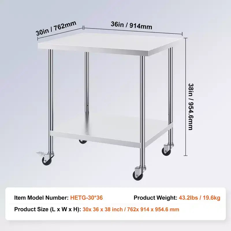 Stainless Steel Work Table 30 x 36 x 38 Inch, with 4 Wheels, 3 Adjustable Height Levels, Heavy Duty Food Prep Worktable for Commercial Kitchen