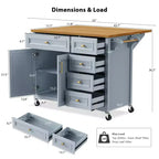 52" Kitchen Island with Drop Leaf, Built-in Racks, Drawers and Adjustable Shelf, on Wheels