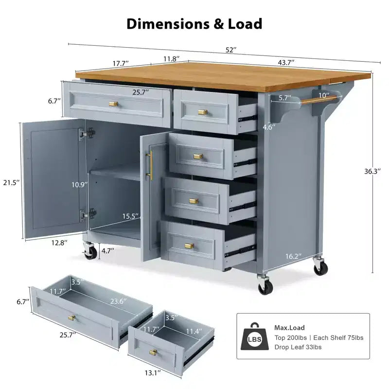 52" Kitchen Island with Drop Leaf, Built-in Racks, Drawers and Adjustable Shelf, on Wheels