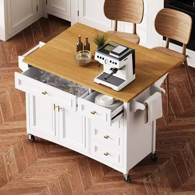 52" Kitchen Island with Drop Leaf, Built-in Racks, Drawers and Adjustable Shelf, on Wheels