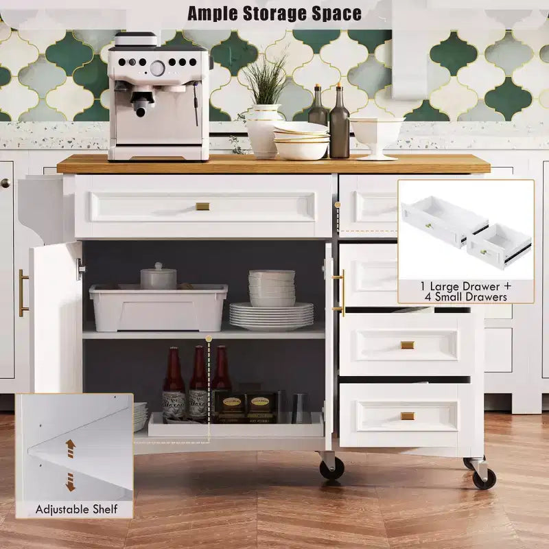 52" Kitchen Island with Drop Leaf, Built-in Racks, Drawers and Adjustable Shelf, on Wheels