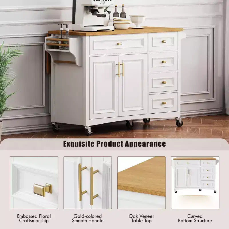 52" Kitchen Island with Drop Leaf, Built-in Racks, Drawers and Adjustable Shelf, on Wheels