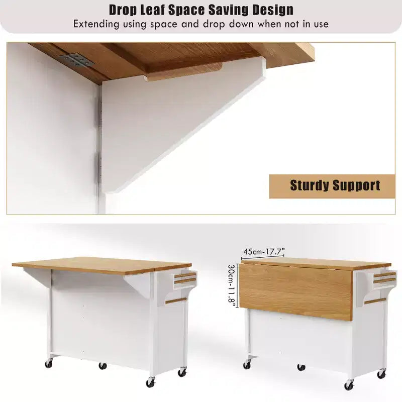 52" Kitchen Island with Drop Leaf, Built-in Racks, Drawers and Adjustable Shelf, on Wheels
