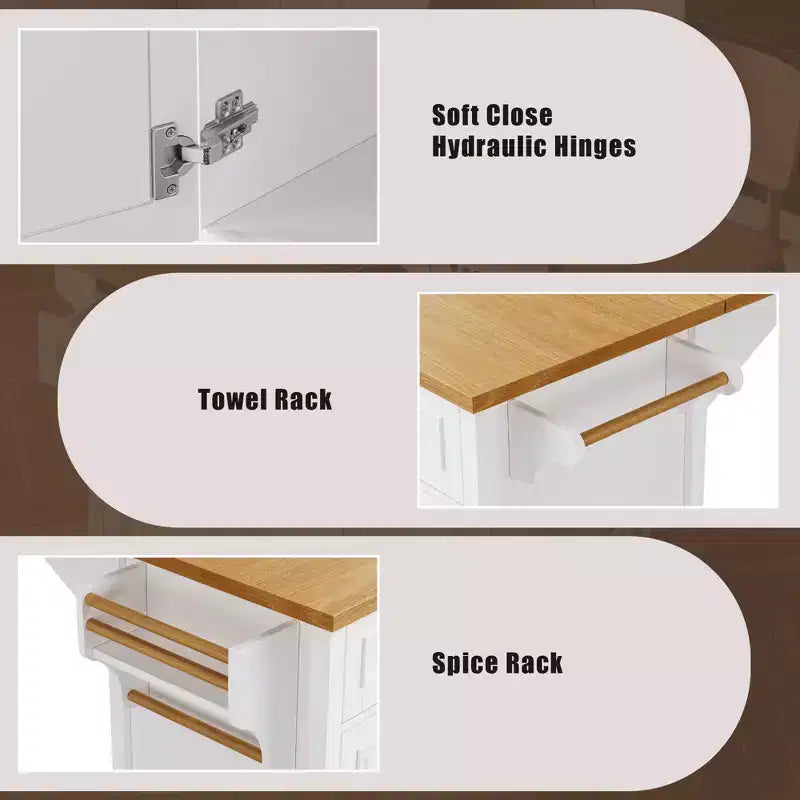 52" Kitchen Island with Drop Leaf, Built-in Racks, Drawers and Adjustable Shelf, on Wheels
