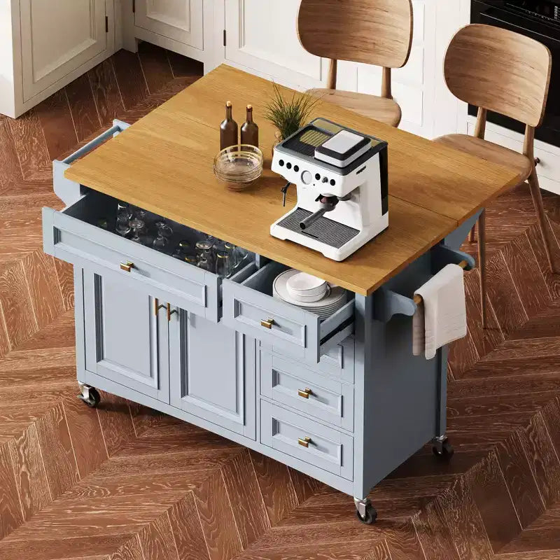 52" Kitchen Island with Drop Leaf, Built-in Racks, Drawers and Adjustable Shelf, on Wheels