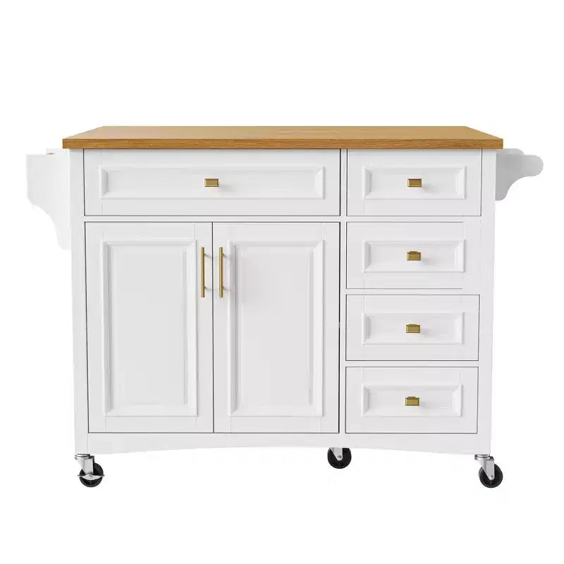 52" Kitchen Island with Drop Leaf, Built-in Racks, Drawers and Adjustable Shelf, on Wheels