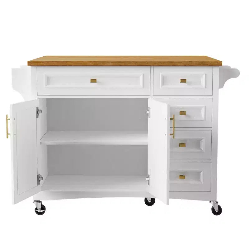 52" Kitchen Island with Drop Leaf, Built-in Racks, Drawers and Adjustable Shelf, on Wheels