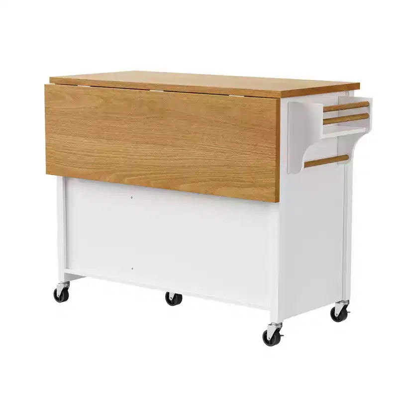 52" Kitchen Island with Drop Leaf, Built-in Racks, Drawers and Adjustable Shelf, on Wheels