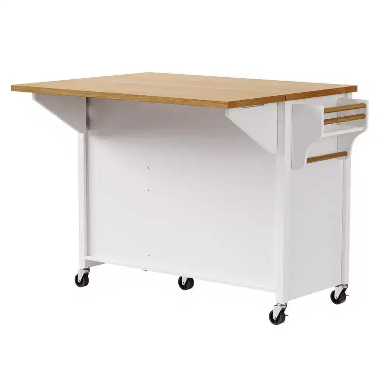 52" Kitchen Island with Drop Leaf, Built-in Racks, Drawers and Adjustable Shelf, on Wheels