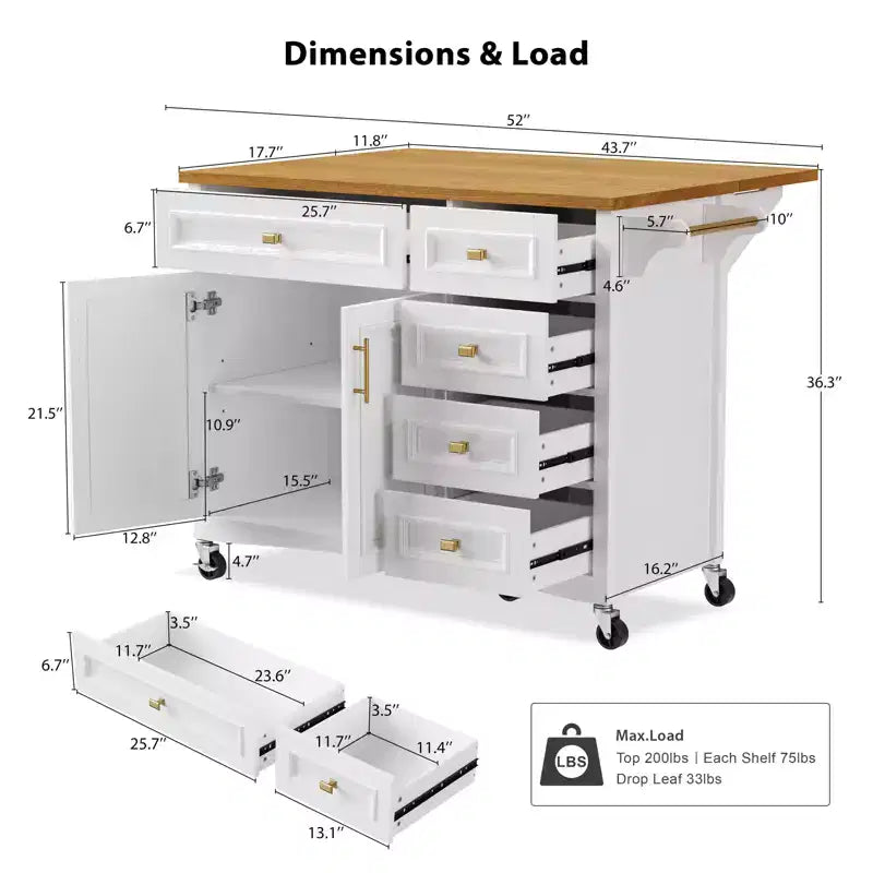 52" Kitchen Island with Drop Leaf, Built-in Racks, Drawers and Adjustable Shelf, on Wheels