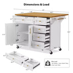52" Kitchen Island with Drop Leaf, Built-in Racks, Drawers and Adjustable Shelf, on Wheels