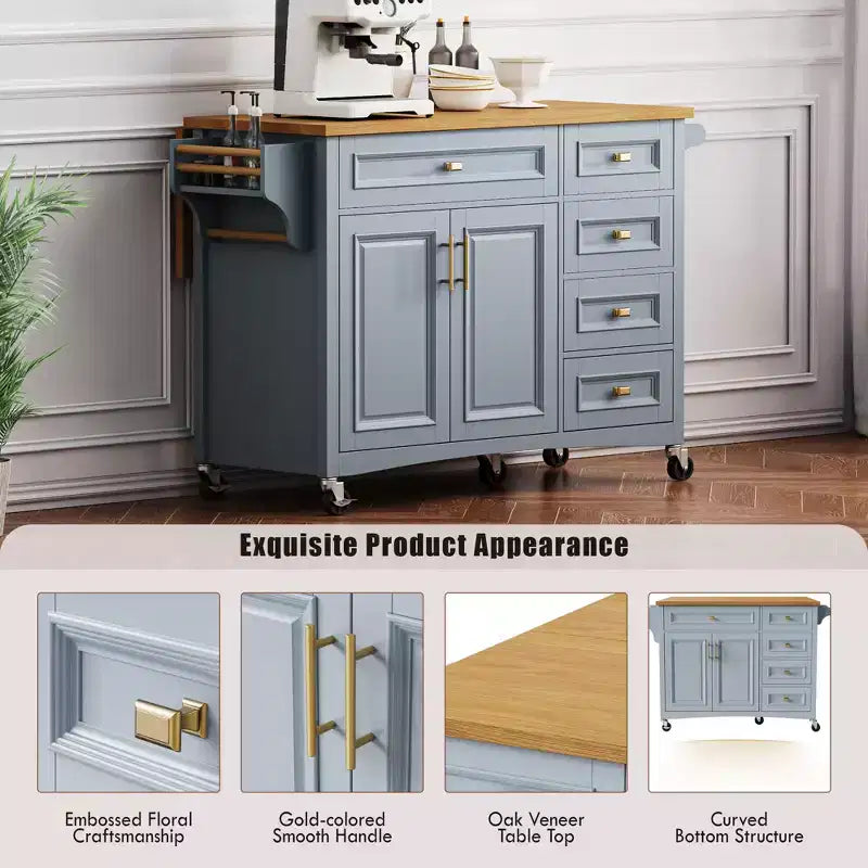 52" Kitchen Island with Drop Leaf, Built-in Racks, Drawers and Adjustable Shelf, on Wheels