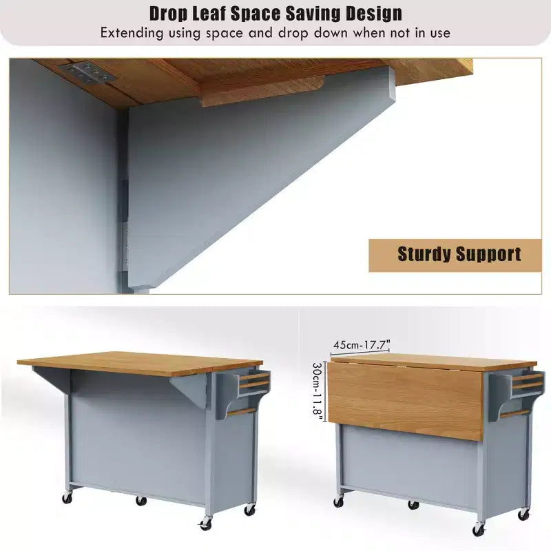 52" Kitchen Island with Drop Leaf, Built-in Racks, Drawers and Adjustable Shelf, on Wheels