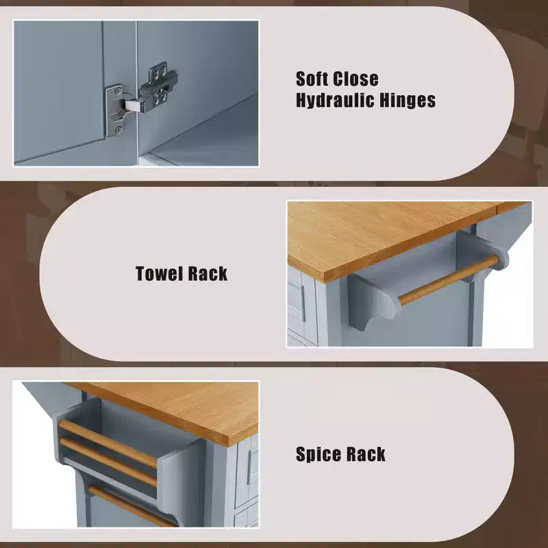 52" Kitchen Island with Drop Leaf, Built-in Racks, Drawers and Adjustable Shelf, on Wheels