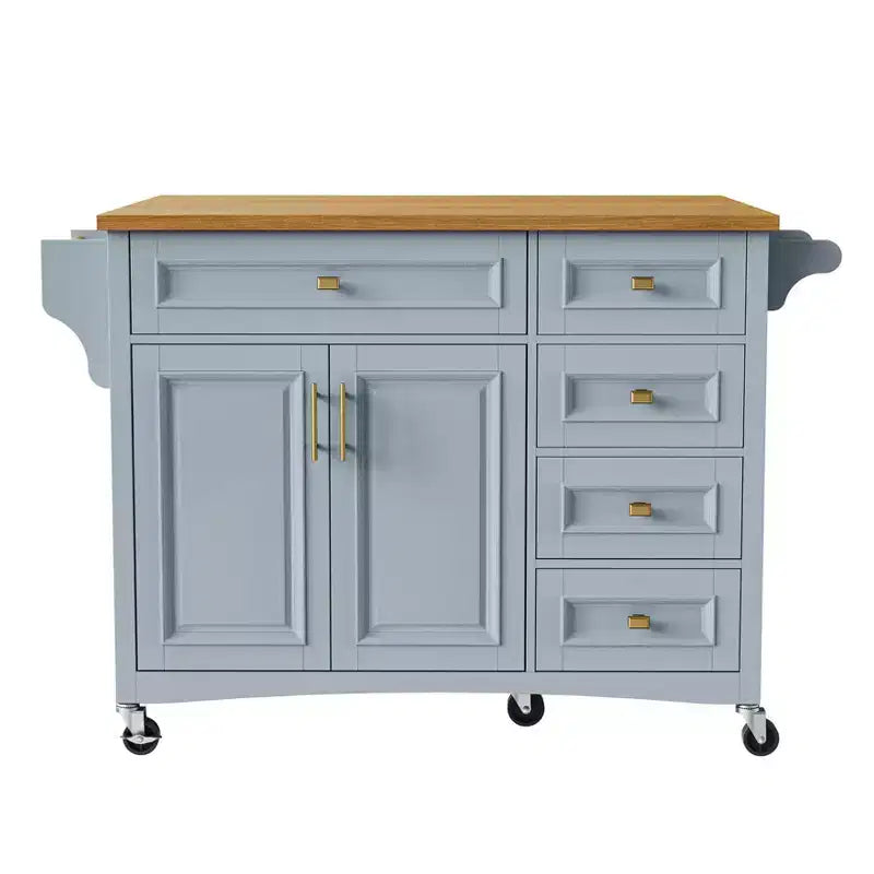 52" Kitchen Island with Drop Leaf, Built-in Racks, Drawers and Adjustable Shelf, on Wheels