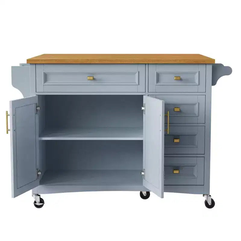 52" Kitchen Island with Drop Leaf, Built-in Racks, Drawers and Adjustable Shelf, on Wheels